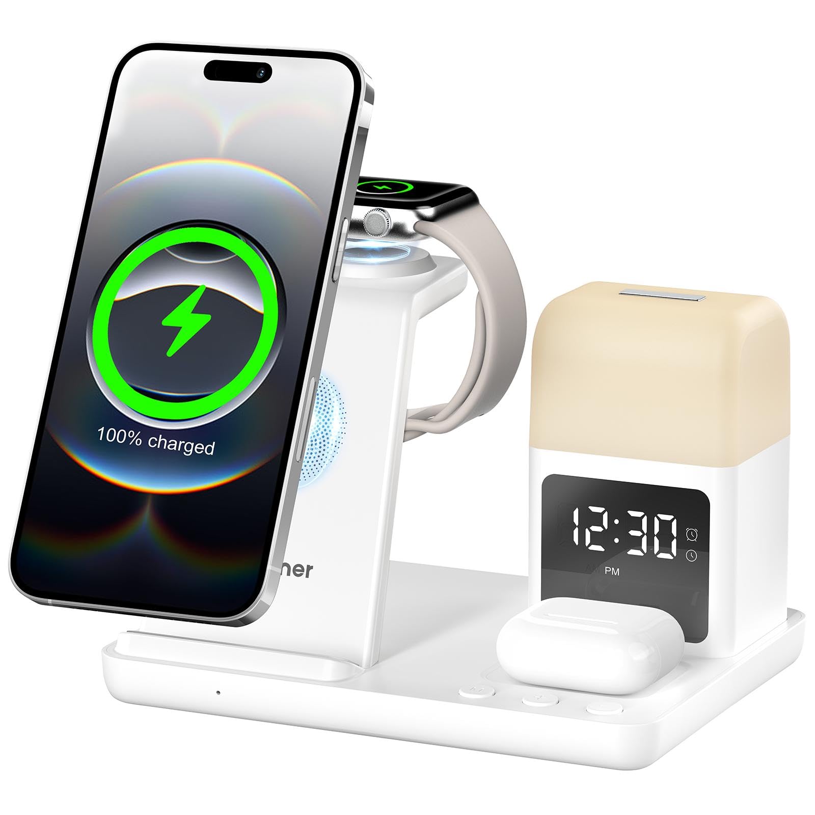 Caricatore Wireless Con lampada notturna e sveglia,6 In 1 Caricabatterie Wireless Induttiva Compatibile Con iPhone 16 15 14 13 12 11 XS/XR/X/8/8 Plus, Apple Watch, AirPods 4/3/2/Pro