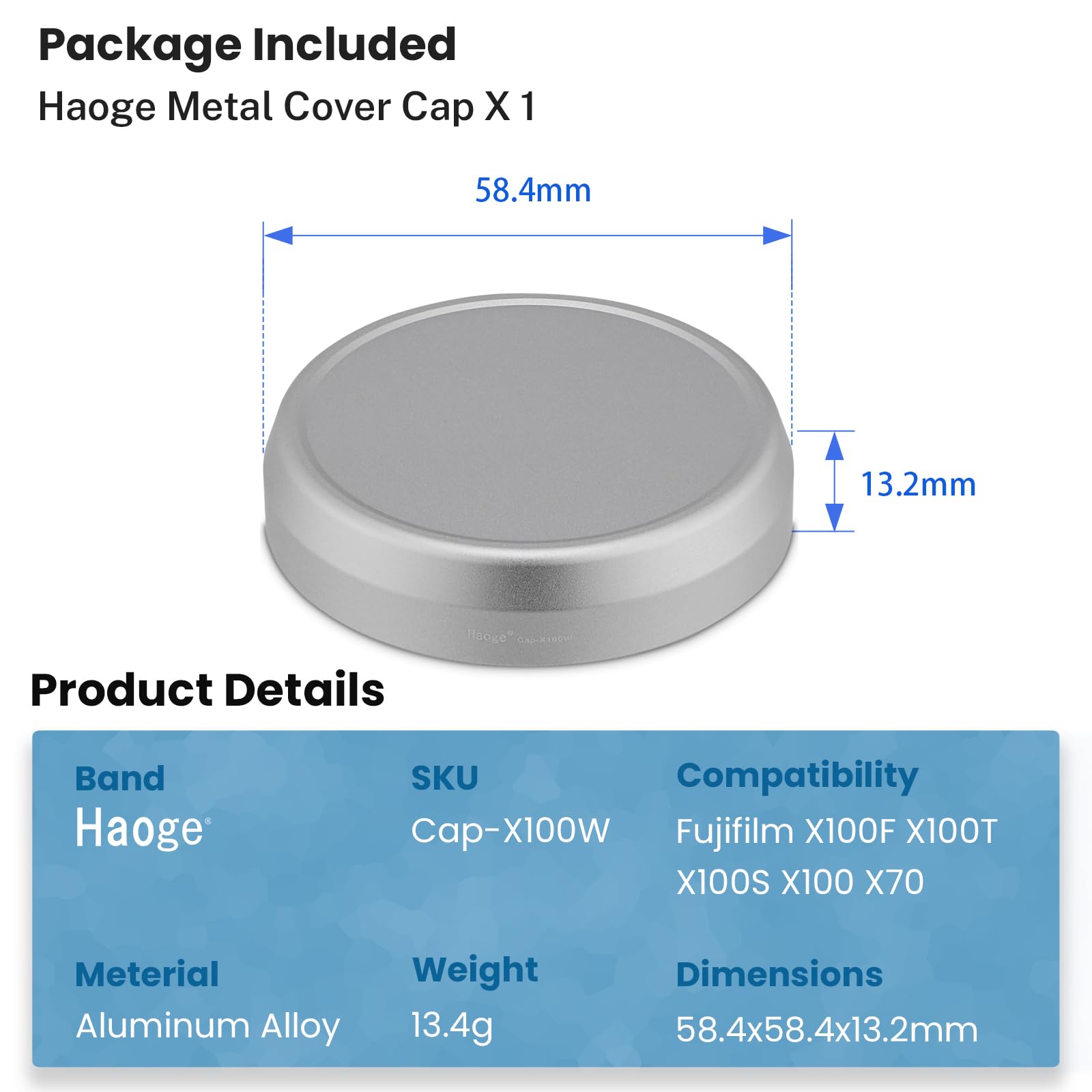 Haoge Cap-X100W - Copriobiettivo in metallo per obiettivo fotocamera Fujifilm Fuji Fujinon X100F X100S X100T X100 X70, colore: Argento