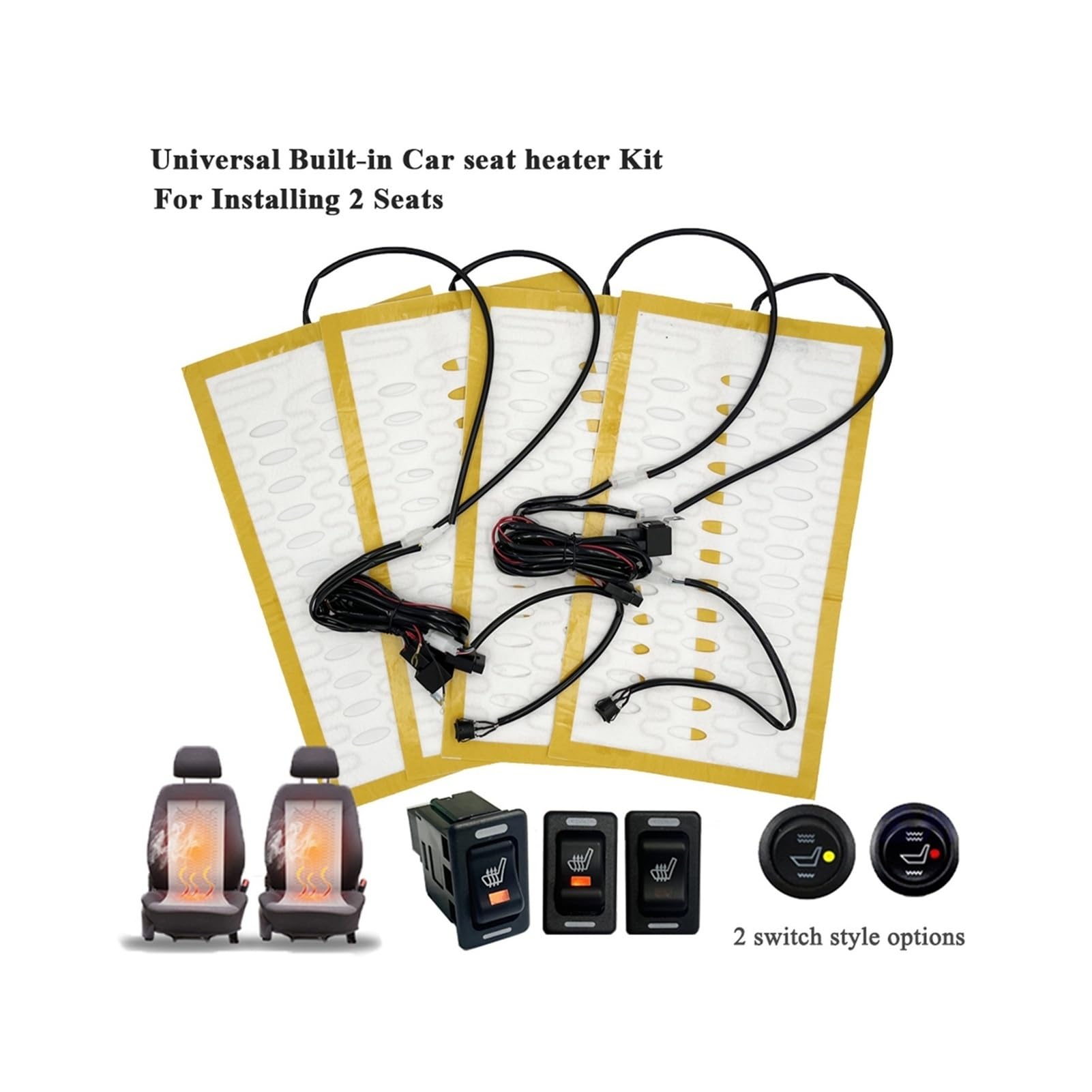 Générique Kit de Chauffage Universel intégré for siège Voiture, for 2 sièges, Coussin Chauffant en Fil d'alliage 12V 100W avec Trou Ventilation, Interrupteur Commande à Niveaux(Circular Switch Set)