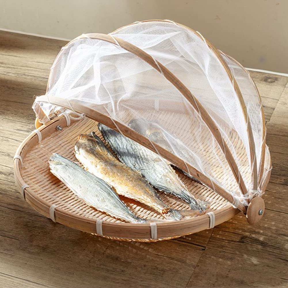 Cestini per frutta da cucina, rotondi, in bambù, con coperchio, per servire alimenti, tessuto a mano, con copertura in rete, contenitore per alimenti (30 cm