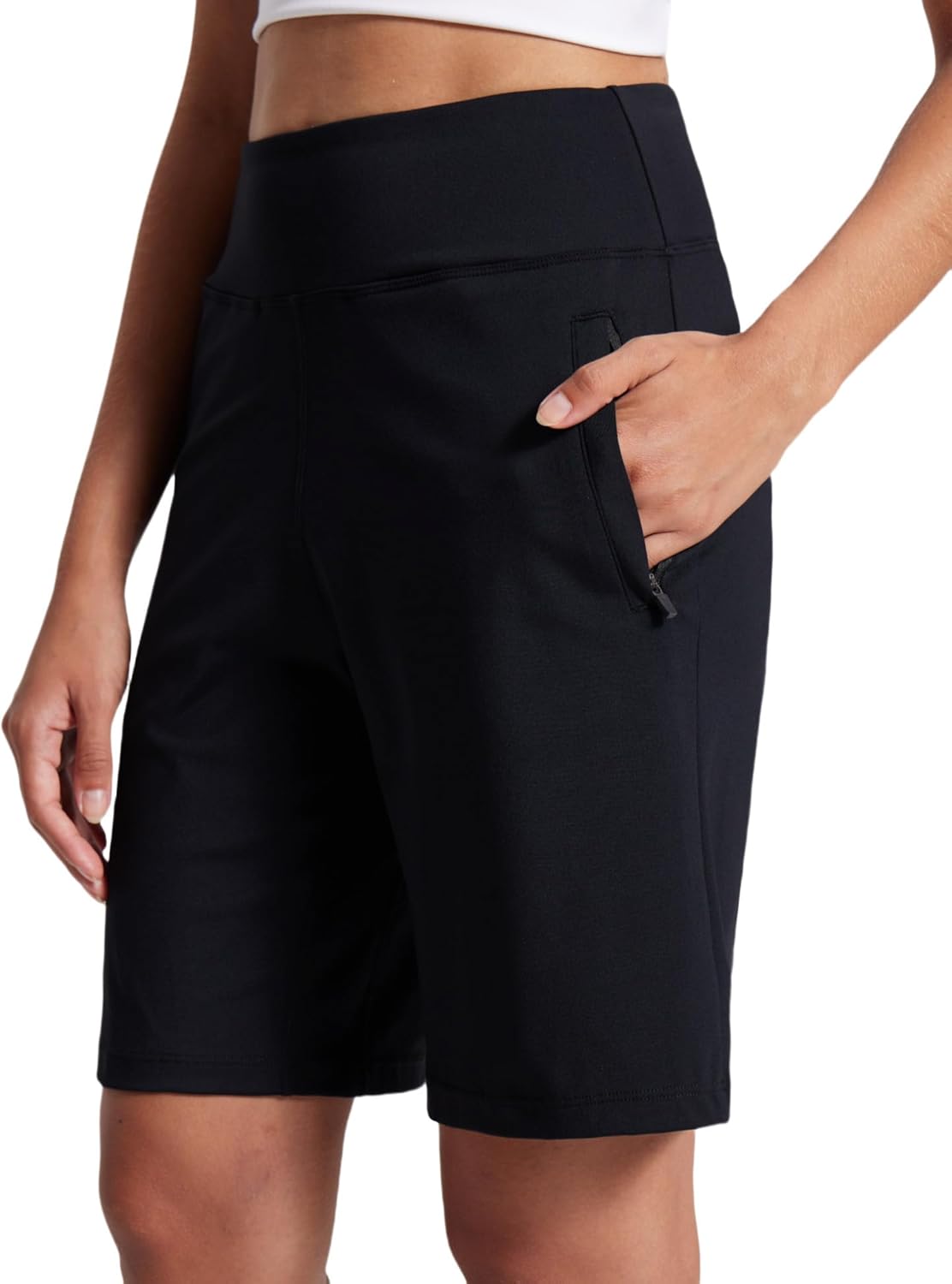 AJISAI Women's 9"/12" High Waisted Bermuda Shorts with Zippered Pockets Knee Length Long Shorts for Women Workout Athletic