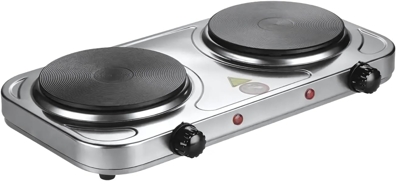 2500W Stainless Steel Double Hot Plate – Portable Electric Hob 2 Burner with Adjustable Temperature Control, Iron Cast