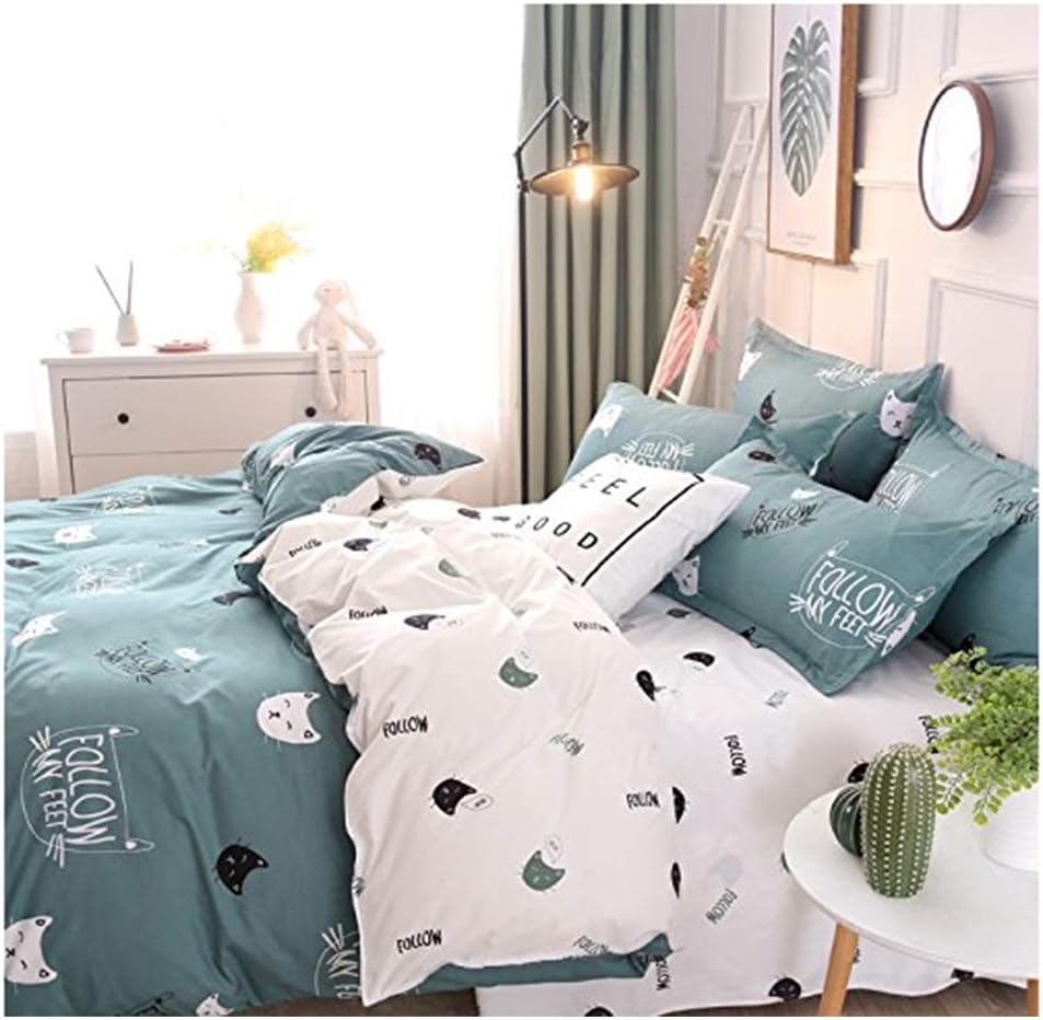 RAYHOO Bed Set Queen Sheets Set Cute Cat - 3 Piece Bedding Sets One Duvet Cover (No Comforter Insert) Two Pillowcase- Microfiber Teen Bedding for Girls Bedroom (Cute cat,Green, Quee,90''x90'') …