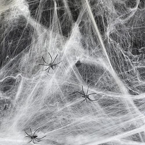 Image of Pop The Party Halloween Spider Web Decorations - Stretchable Fake Cobwebs with Spiders for Indoor & Outdoor Halloween, Haunted House & Yard Decor 2 Spiders