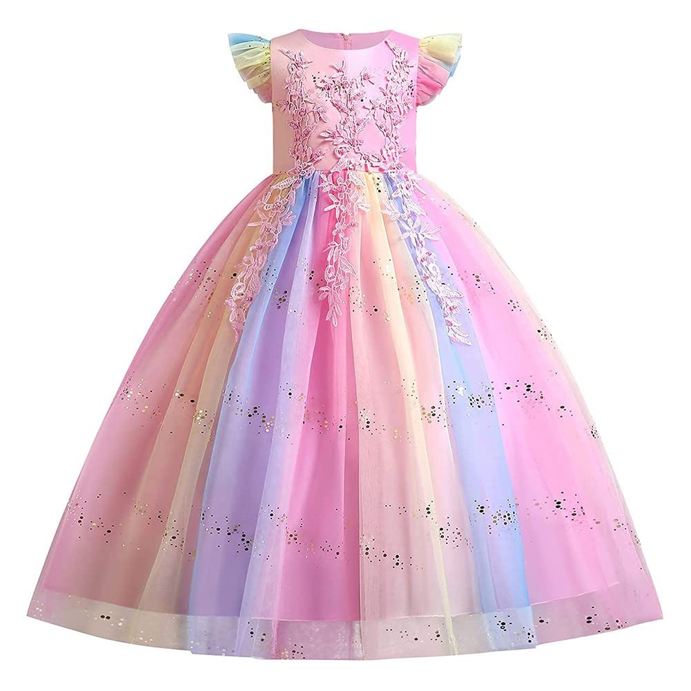 IZKIZF Girls Unicorn Costume Princess Long Maxi Tulle Dress w/Headband Princess Birthday Party Halloween Cosplay Outfits Rainbow Pink 6-7T