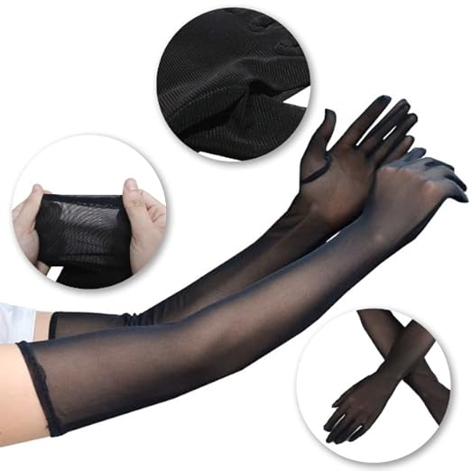 Guanti Lunghi Donna In Tulle - Gomito, Semitrasparenti, Per Sposa, Opera, Halloween, Nero - Foto 10