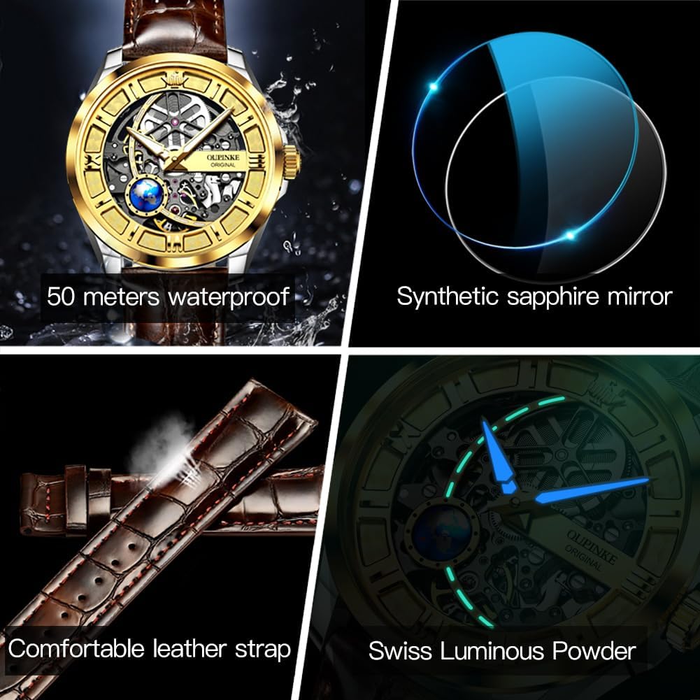 OUPINKE Skeleton Mens Automatic Watches Mechanical Luxury Dress Leather Self Winding Waterproof 50M/5ATM Luminous Watches for Men - Image 6