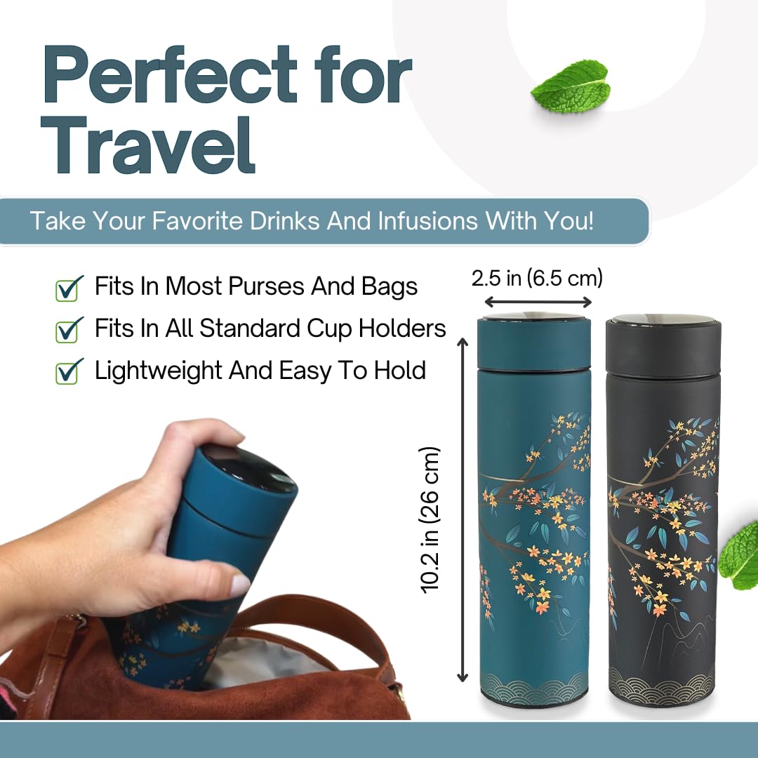 Farasi Tea Infuser for Loose Leaf Tea Smart Water Bottle with Fahrenheit Temperature Display, Stainless Steel, Insulated Coffee and Fruit Tea Infuser Bottle - Floral Tea Mug 15 oz: Black