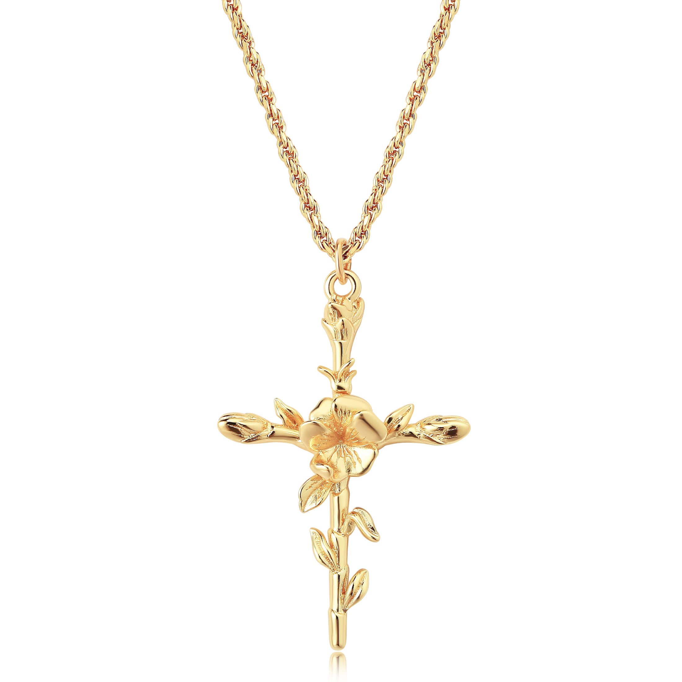 LADYGDCross Necklace for Women 14K Gold Plated Birth Flower Necklaces Rope Cross Pendant Fashion Gold Jewelry Birthday Gifts 12 Month