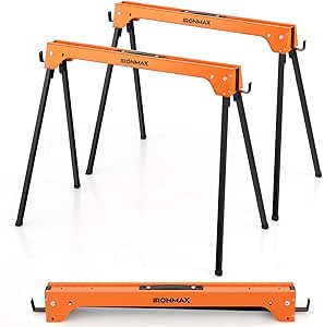 IRONMAX Saw Horses 2 Pack Folding, Heavy Duty Sawhorse 2644 LBS Capacity w/ 4 Detachable Hooks &amp; 2x4 Fast Open Support Legs, Lightweight Sawhorses Bench Twin Pack for Woodworking