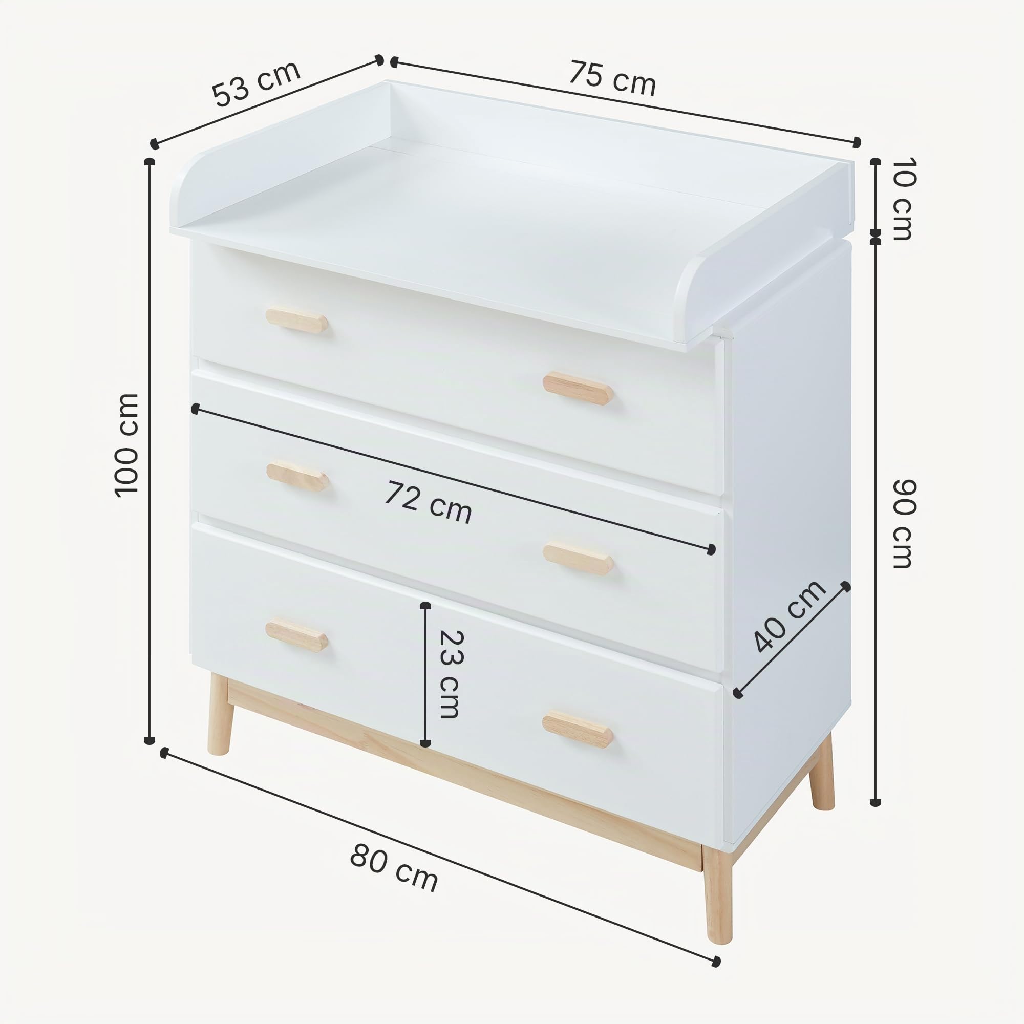 [en.casa] Cassettiera con Piano Fasciatoio Rimovibile Comò per la Cura del Bambino Neonato con 3 Cassetti Mobile Contenitore per Cameretta 100 x 80 x 53 cm - Bianco