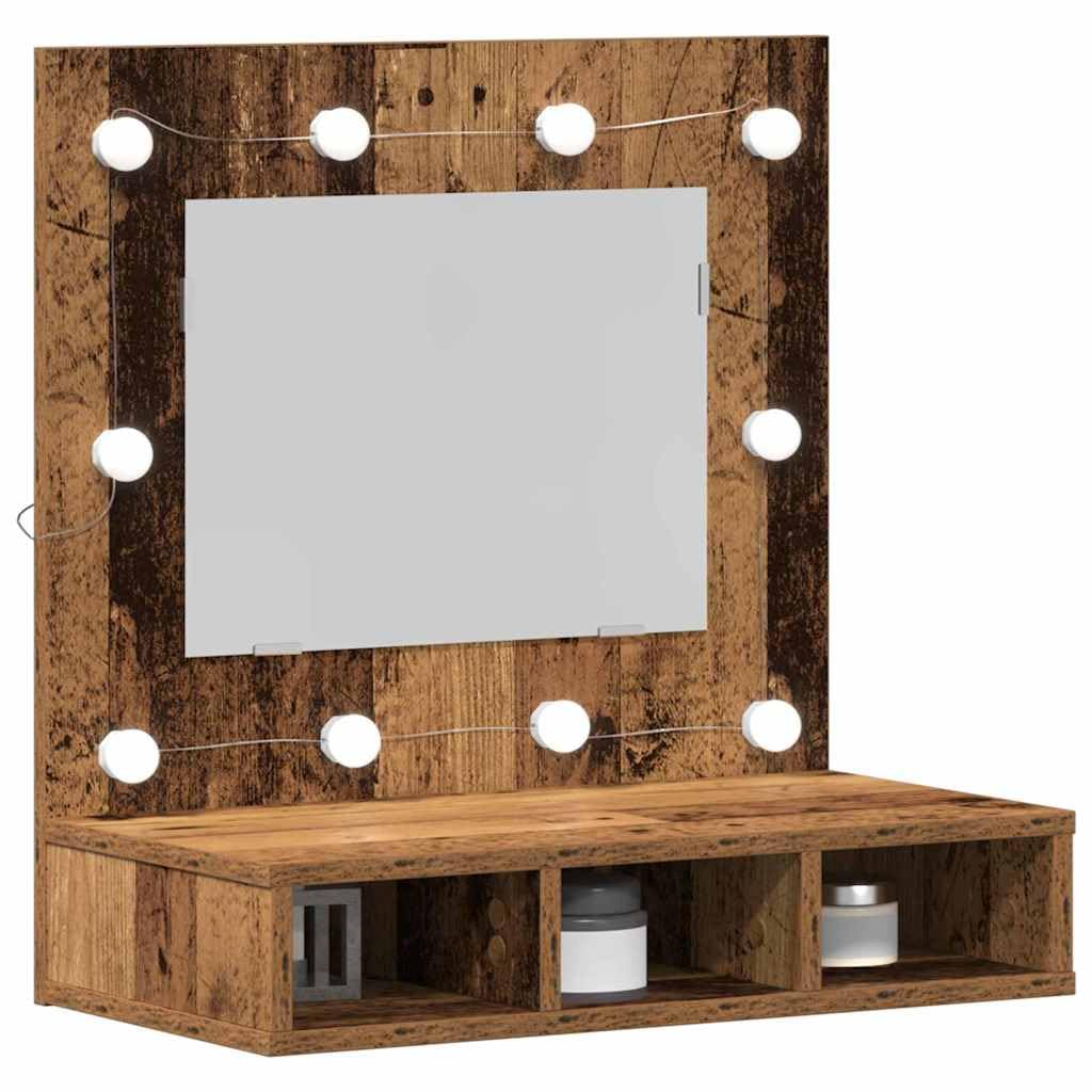 Szafka z lustrem, stare drewno z materiału drewnopochodnego, 60 x 31,5 x 62 cm, montaż ścienny, oświetlenie lustra z USB, 3 półki, miejsce do przechowywania do łazienki i przedpokoju