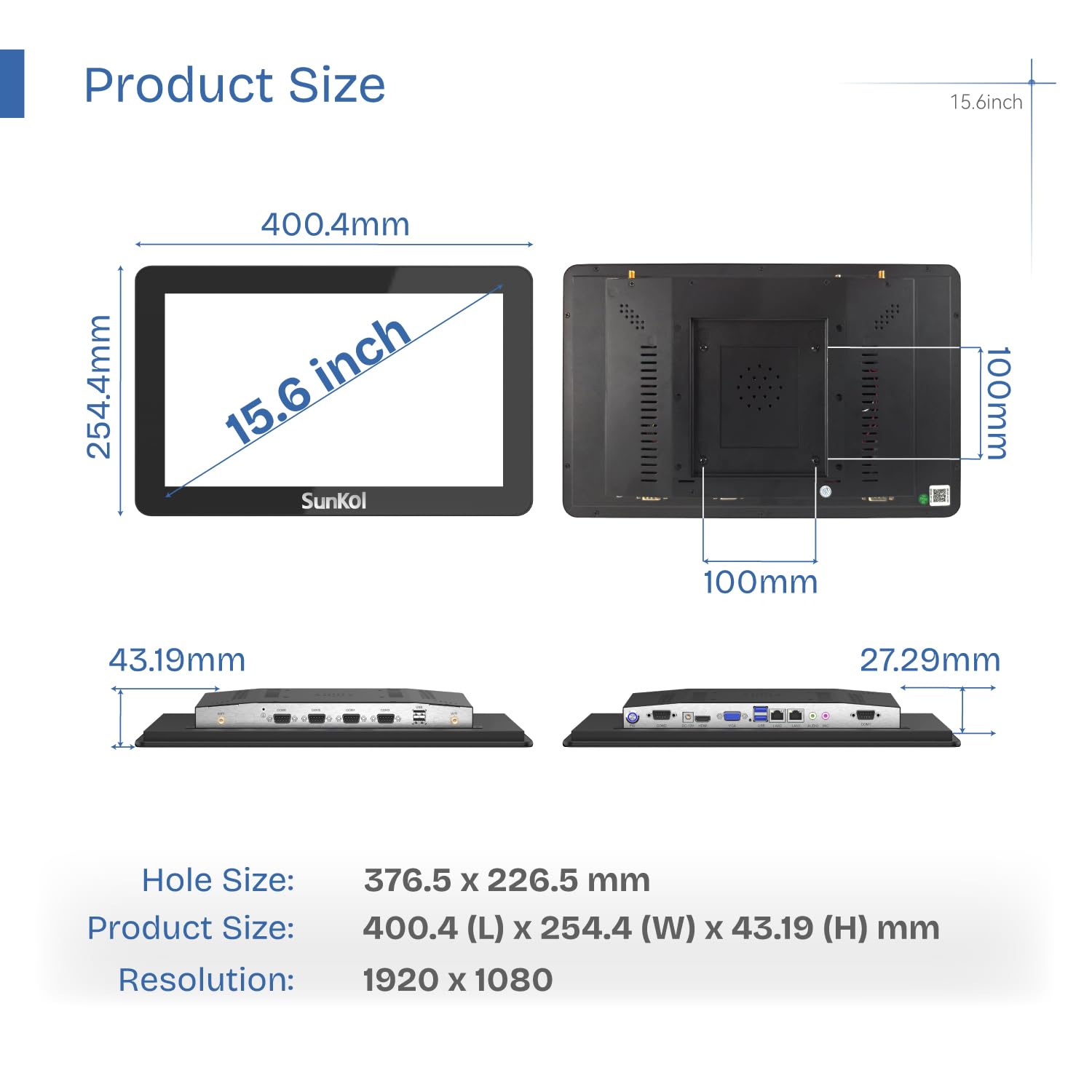 15,6 Pollici Embedded Industrial Panel PC,IP65 Capacitivo 1920 * 1080 Touch Screen,VESA,Winows 10 Computer per Automazione,HDMI,2xLAN,4xUSB,6xRS232,VGA(I5-3210M,8GB-DDR3 RAM 256GB SSD)