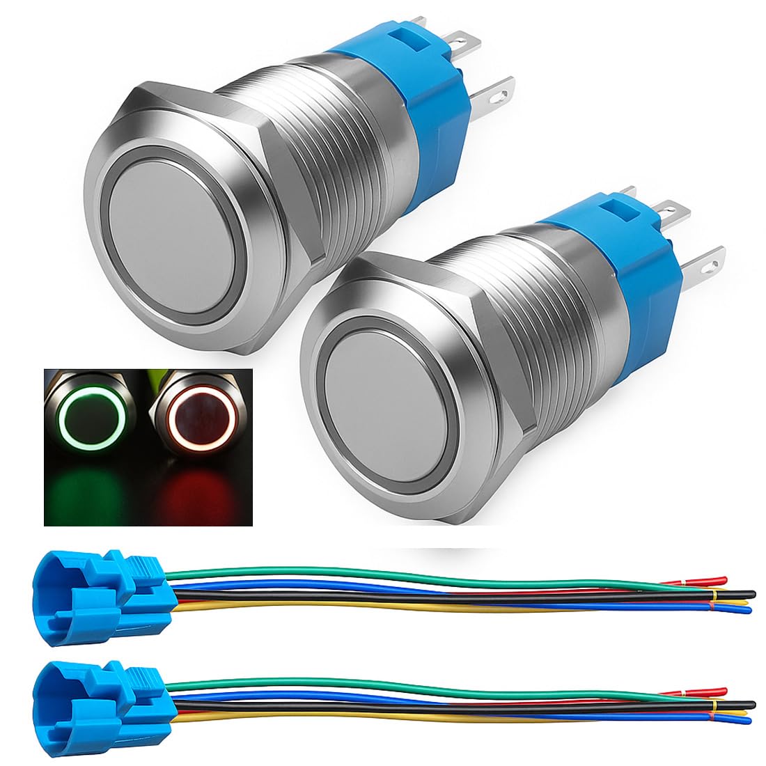 Gebildet 16mm Momentary Push Button with Wire Socket 3A/12-24VDC 1NO 1NC SPDT On Off Metal Waterproof IP65 Self Reset (Red&Green LED) — image 1
