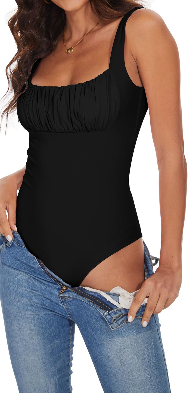BEJONS Body sexy de cuello cuadrado fruncido sin mangas con doble forro para mujer, Negro -, Large