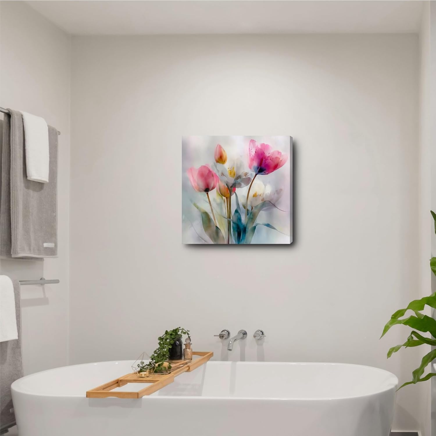 FOEIX Bathroom Wall Art Pictures Wall Decor Paintings Wall Decor Canvas Framed Abstract Floral Rustic Pink Flowers Artwork for Bedroom Living Room Kitchen Dinging Room Office(20x20 inches)