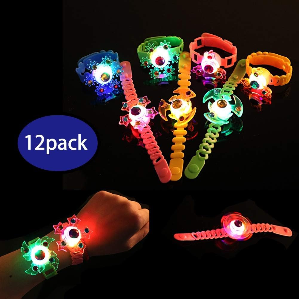 Glory Island Light Up Bracelets for Kids, Birthday Party Favors for Kids, 12 Pack Spin Stress Relief Anxiety Toys, Boys and Girls LED Neon Flashing Party Supplies