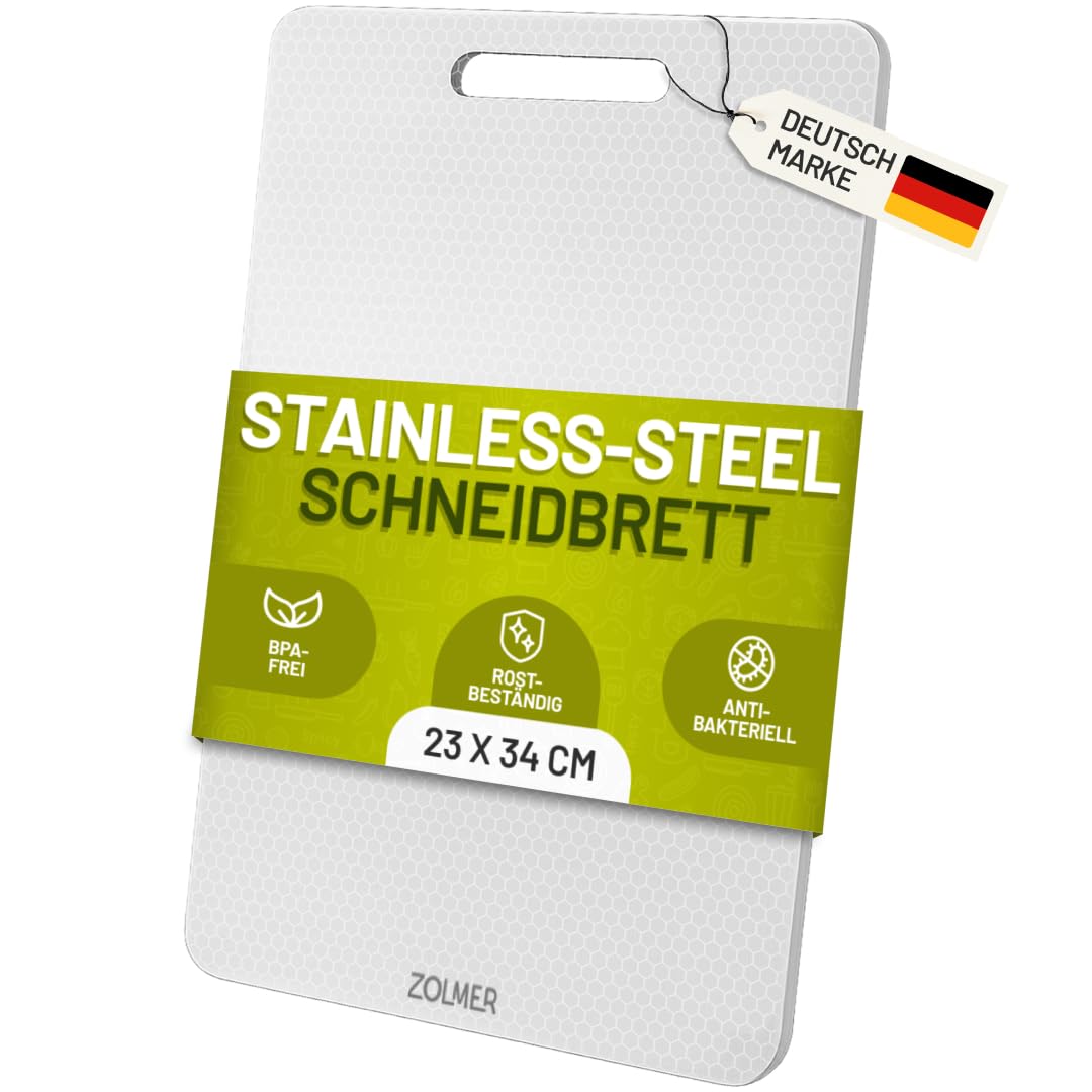 Edelstahl Schneidebrett 34×23 cm – Leicht & antibakteriell, Metall Schneidebrett mit Anti-Scratch-Muster, spülmaschinenfest, ohne Mikroplastik, BPA-frei, messerschonend, + 4 Anti-R