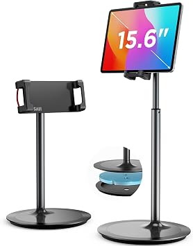 SAIJI iPad Stand for Desk - Tablet Holder Extra-Height 360 Rotating Adjustable Aluminum Alloy Cradle for 4.7"-15.6" iPhone Samsung Kindle Portable Monitor Black