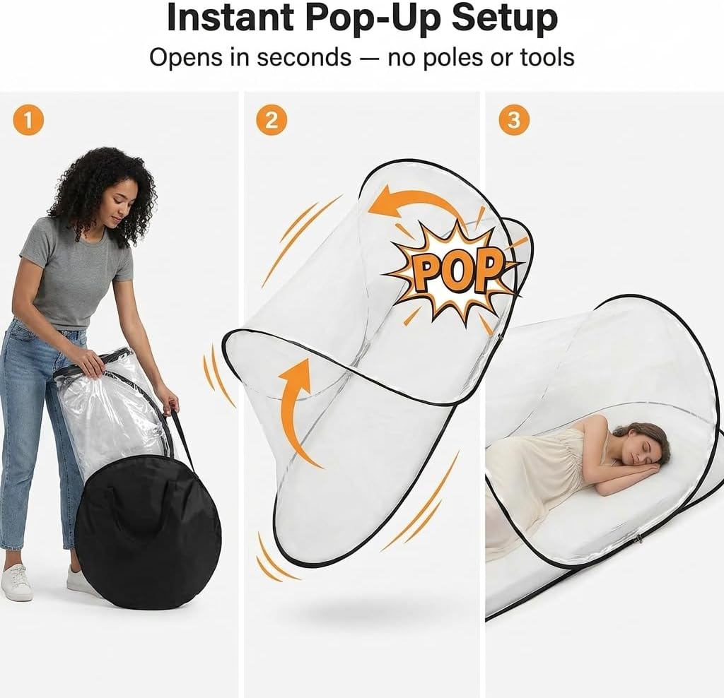 Pop Up Mosquito Tent, Extra Large Foldable Bed Net for Travel | 77 x 30 x 23 in bug net with double zipper, lightweight frame and carry bag for camping or patio use