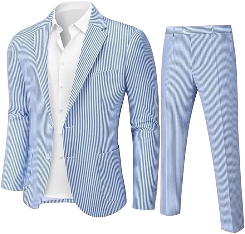 Men's 2 Piece Suit Slim Fit Striped Lightweight Jackets and Pants Set for Beach Wedding