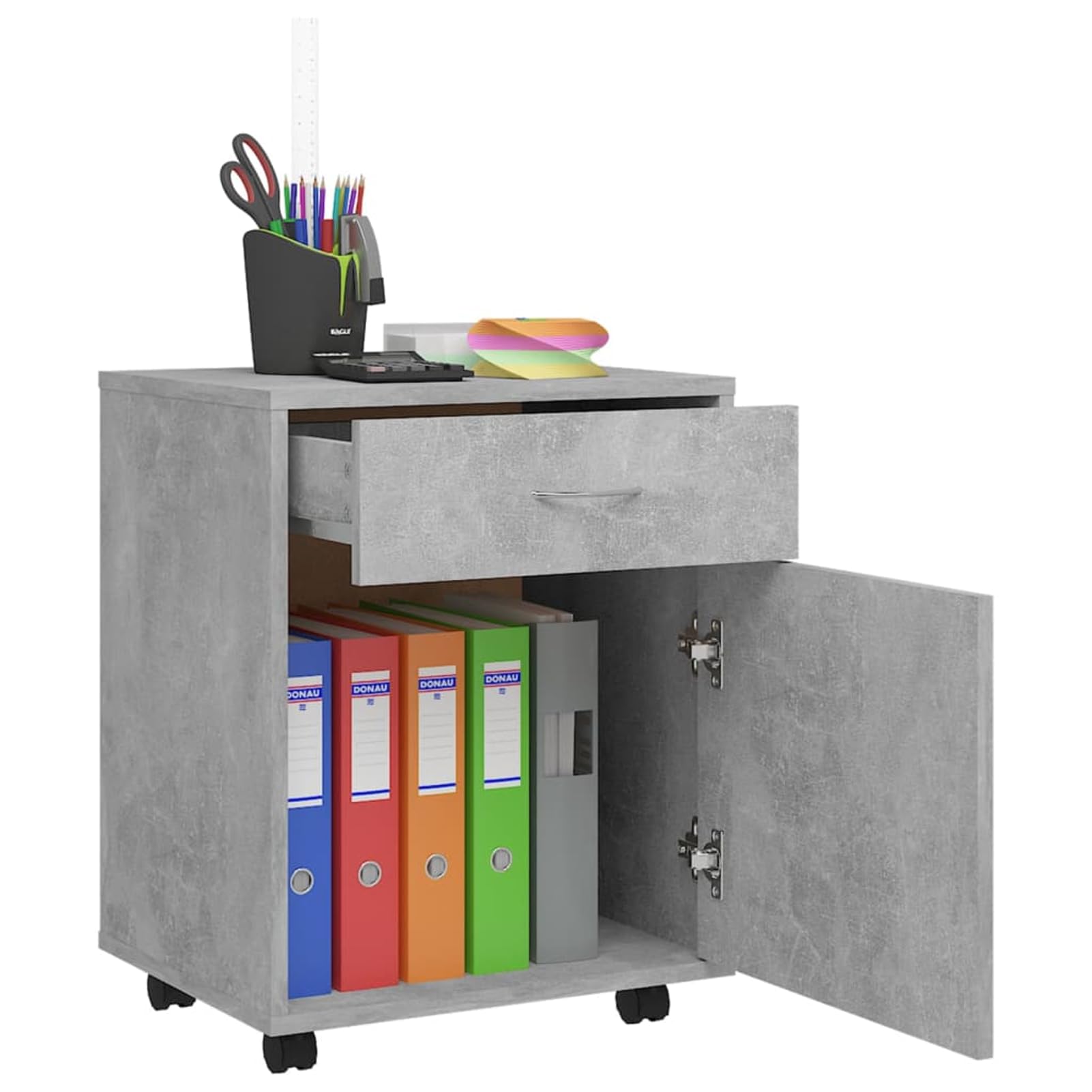 Rollen-Schrank mit 2 feststellbaren Rollen, Betongrau, Holzwerkstoff, 45 x 38 x 54 cm, Büroorganisation