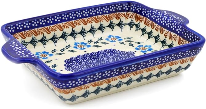 Polmedia Polish Pottery Rectangular Baker with Handles - Blue Cornflower Pattern Handmade in Boleslawiec Poland by Ceramika Bona + Certificate of Authenticity