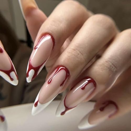 Uñas de Halloween con punta francesa a presión, uñas postizas largas estilo stiletto, uñas postizas blancas nude, con diseños de patrón rojo