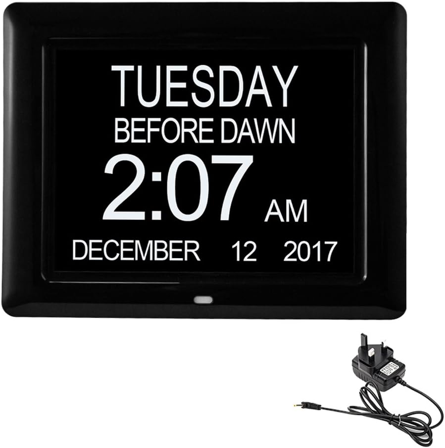 Digital Calendar Day Clock with Large Clear Time Day and Date display Desk/Shelf Clock 8'' Clock Perfect For Visually Impaired Senior Living Offices Home Memory Loss with 12 Alarm Options Black