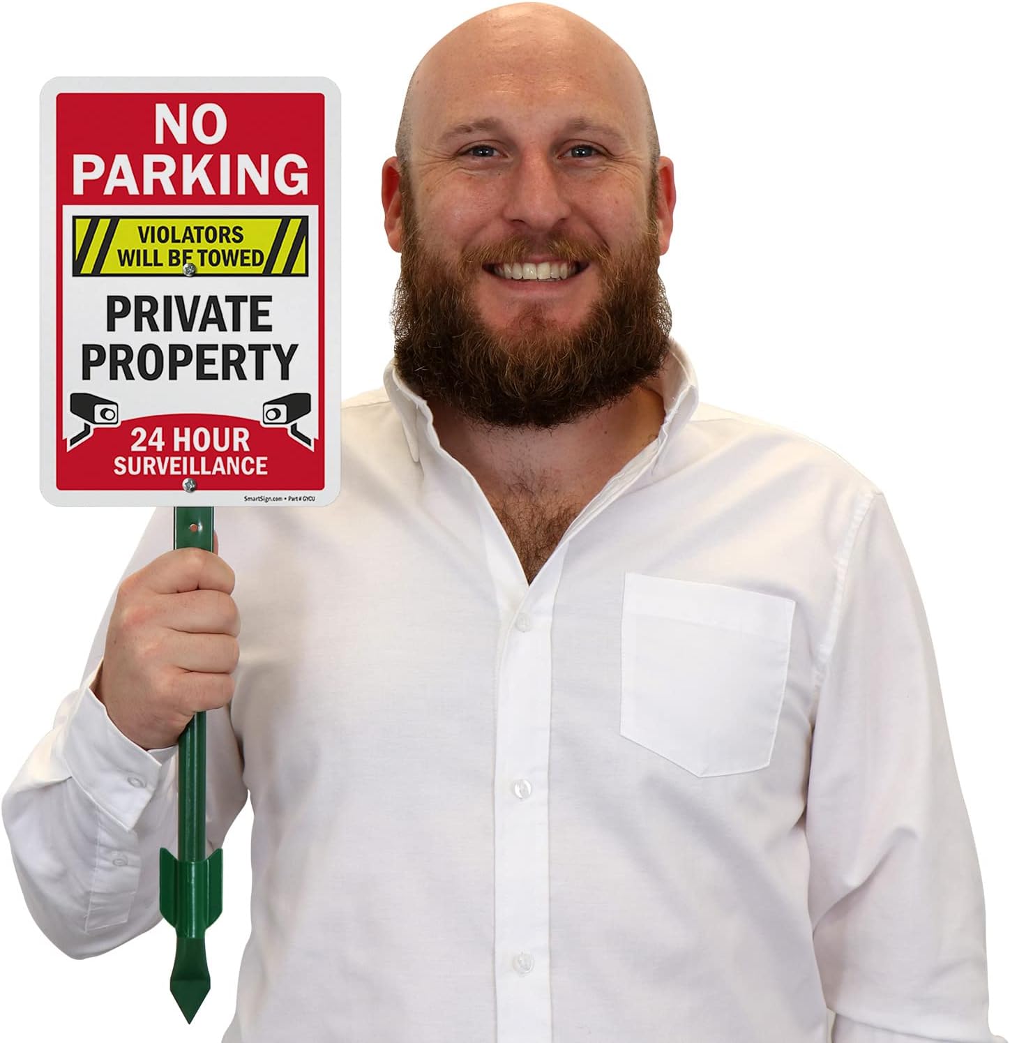 SmartSign 10 x 7 inch 'No Parking Violators Towed, Private Property, 24 Hour Surveillance' LawnPuppy Yard Sign and 18 inch Stake Kit, 40 mil Laminated Rustproof Aluminum, Set of 1