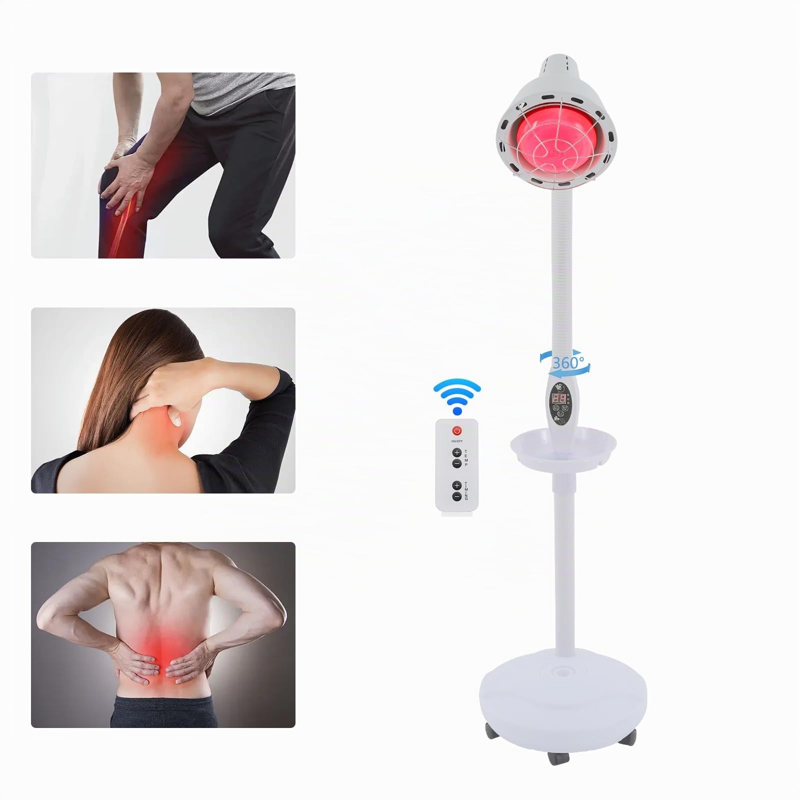 Lámpara de infrarrojos, lámpara de luz roja, lámpara terapéutica 275W | Rotación de 360° y ajuste de altura de 49-63 pulgadas | Emisor de calor 0-115°C + temporizador de 5-60 minutos para aliviar