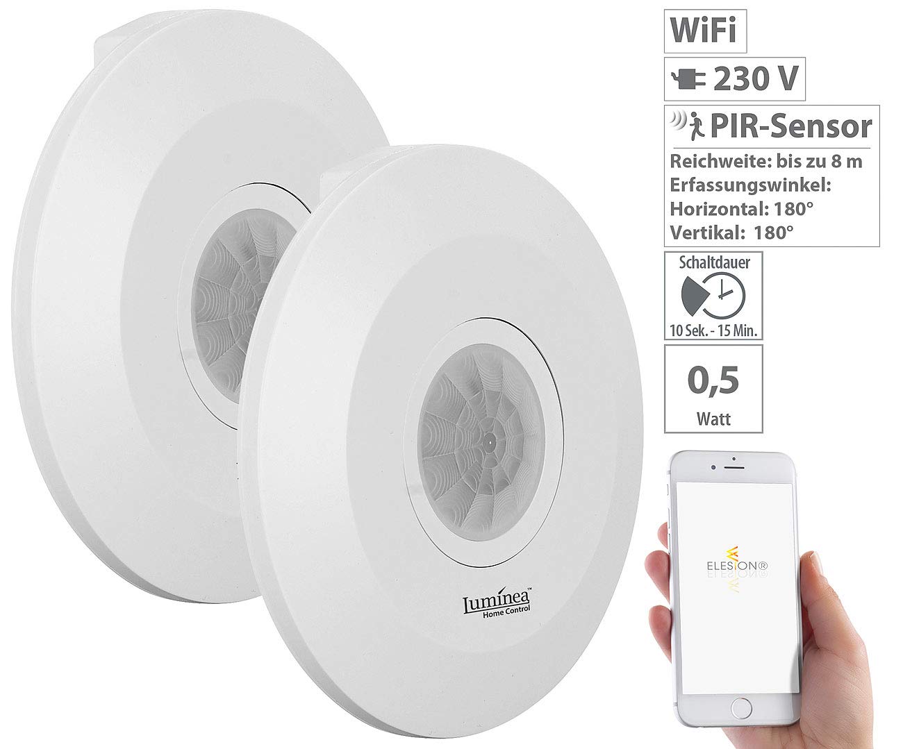Luminea Home Control rilevatore di movimento Alexa: 230 Volt PIR Motion Sensor, extra-sottile, WLAN (sensore di movimento wlan app, sensore)