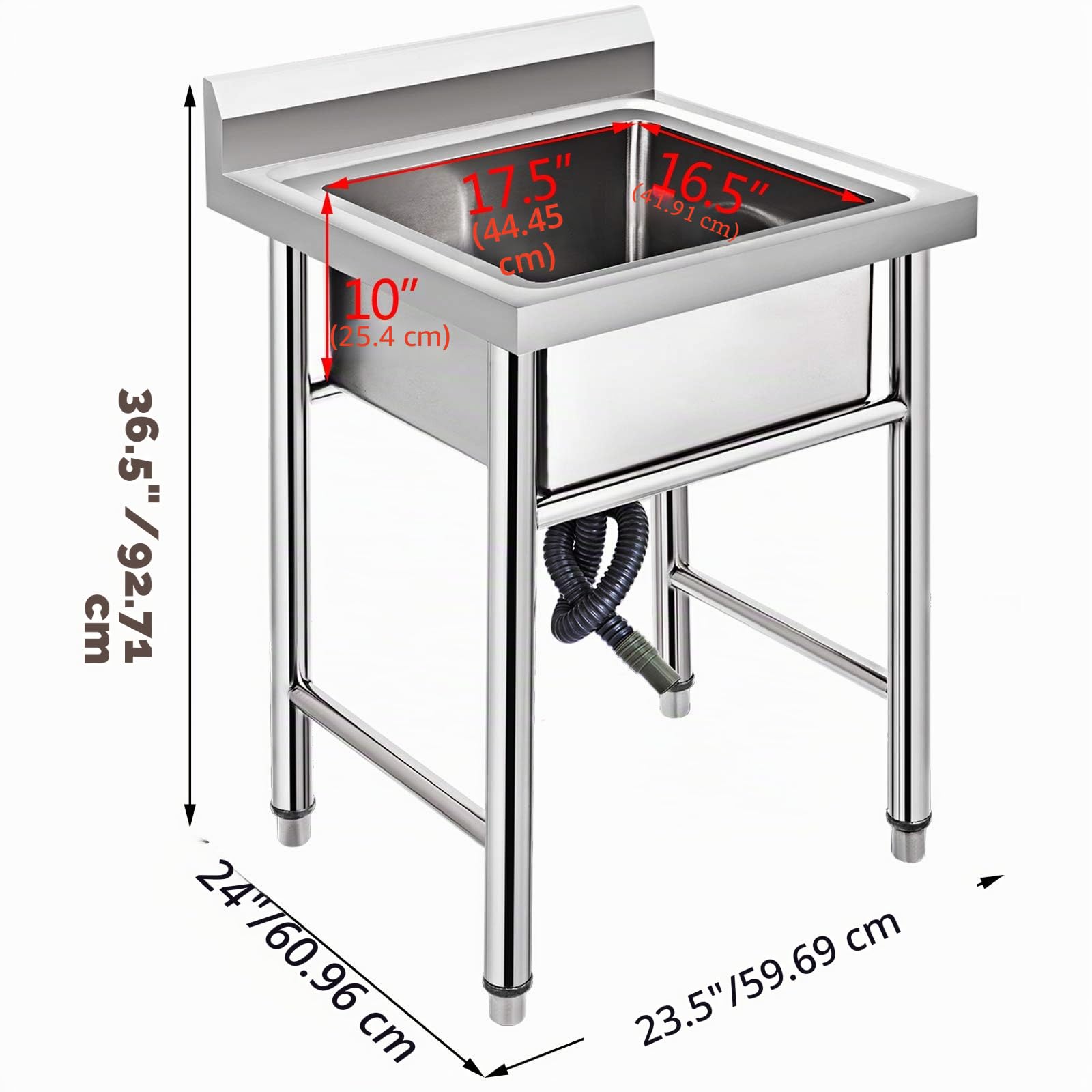 VEVOR - Fregadero de acero inoxidable para cocina, 1 bandeja para fregadero en patas de acero inoxidable antisalpicaduras, lavabo de acero inoxidable profesional para hacer la inmersión, cocina de