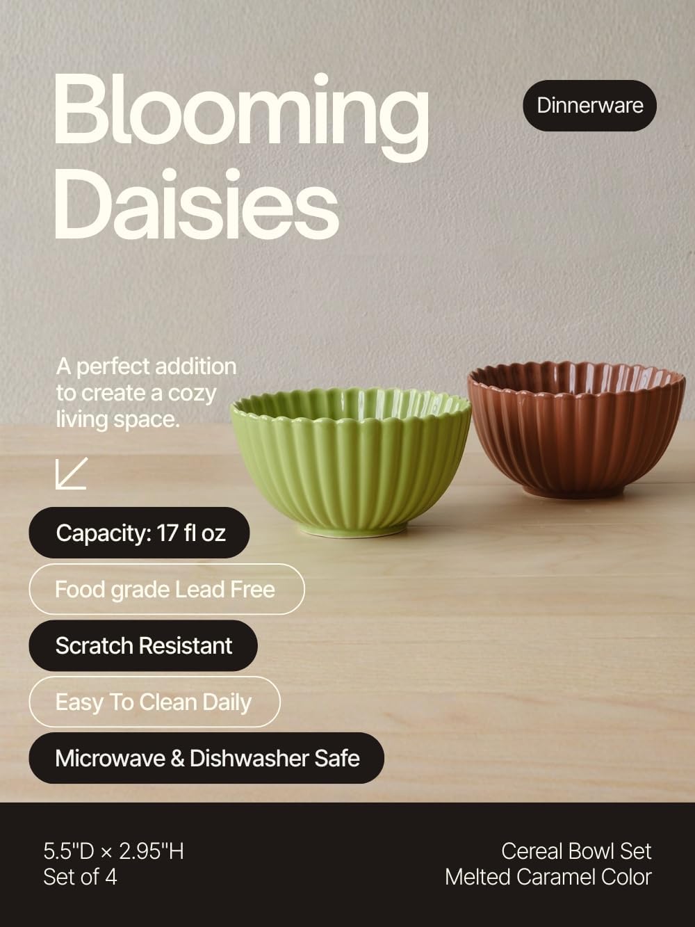 WENSHUO Flower-Shaped Daisy Bowl Set, 5.5" D × 2.9" H,17 fl oz Avocado Green - Pack of 4，Ceramic Small Cereal Bowls Dishwasher & Microwave Safe