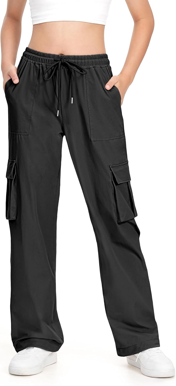 HASMES Girls Cargo Pants Kids Lightweight Hiking Pants Water Resistant Joggers with Pockets 7-15Y