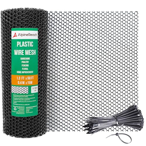 AlpineReach Rollo de valla de malla de alambre de plástico de 1.3 x 50 pies con bridas - ideal para aves de corral, perros, barrera de conejo y jardinería, malla de pollo duradera, valla y red rígida