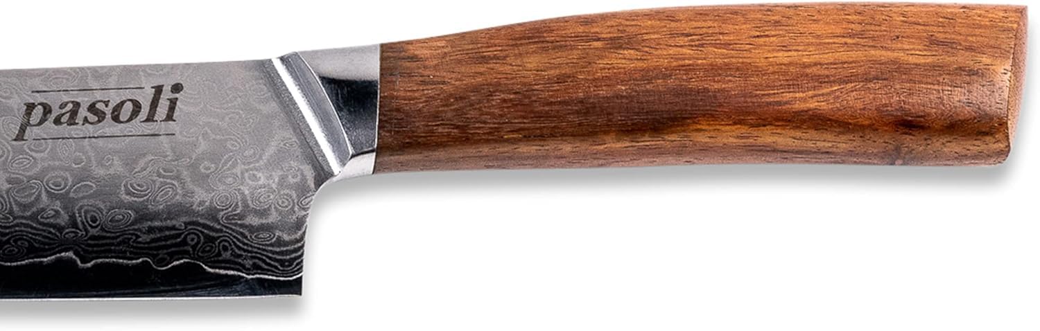 Pasoli Coltello da Chef Professionale - Coltello da Cucina in Acciaio Damasco Giapponese, Lama Damasco e Manico in Legno - Lama Affilata per Tagliare, Affettare, Tritare - Lungo 20cm, 67 Strati, VG-10