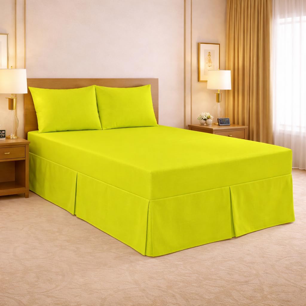 ARLINENS Valance Sheet Luxury Plain Dyed Poly Cotton Bed Skirt Pleated Wrap Around 90 x 190cm Base Valance Sheet Easy to Fit,in Following Colours and Sizes (SINGLE, LIME GREEN)