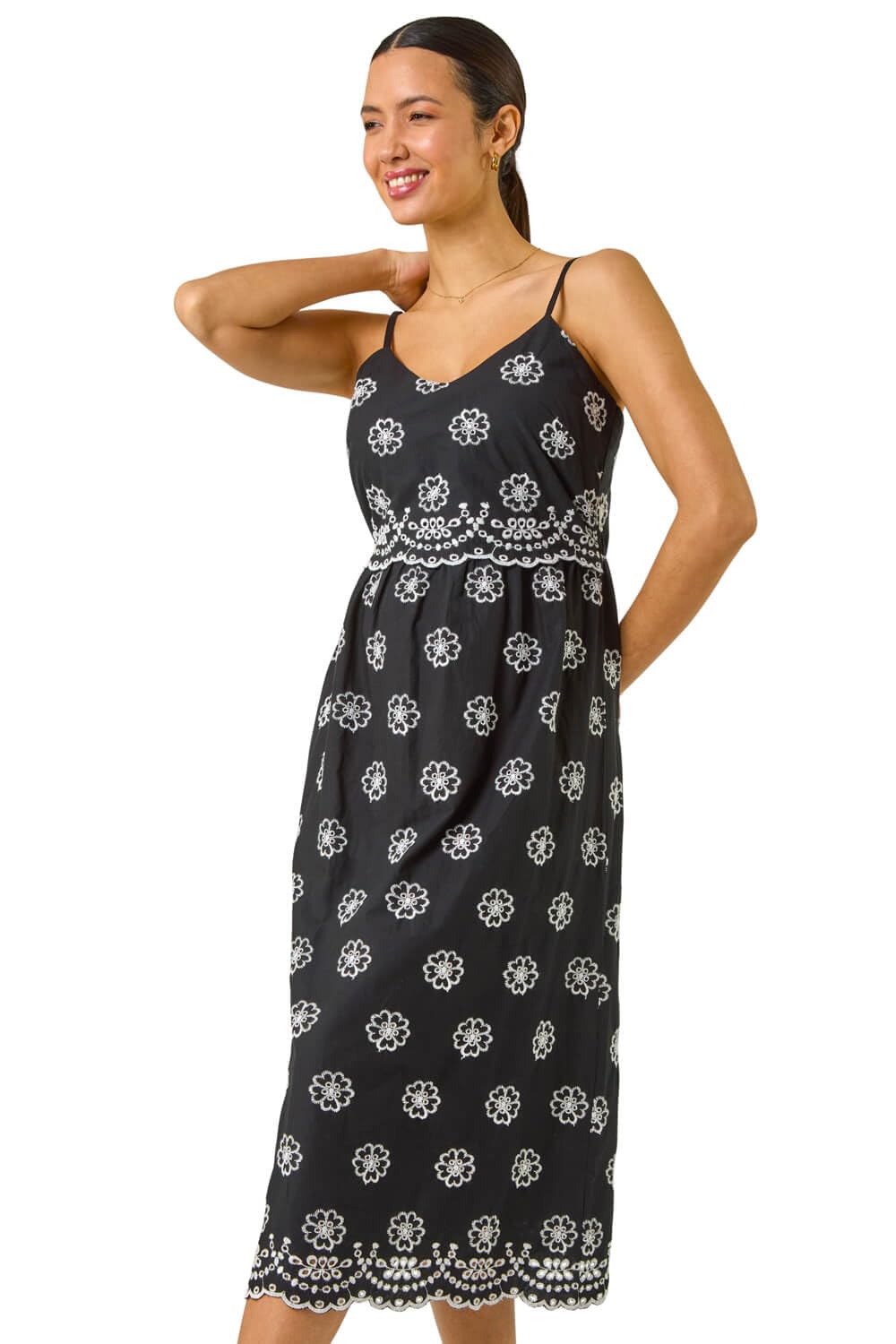 Roman Women's Embroidered Strap Midi Sun Dress in Black | Size: 10