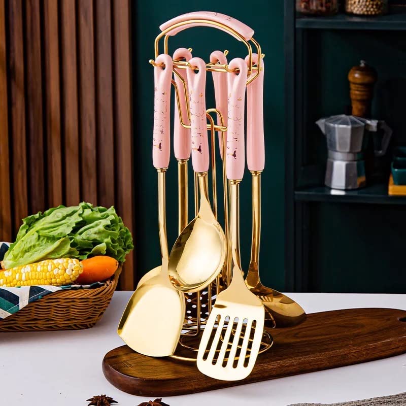 Cookware Serving Spoon - Gold plated Stainless Steel Kitchen cooking Set with Stand - Ceramic Handle - 6 pcs (Pink - Golden)