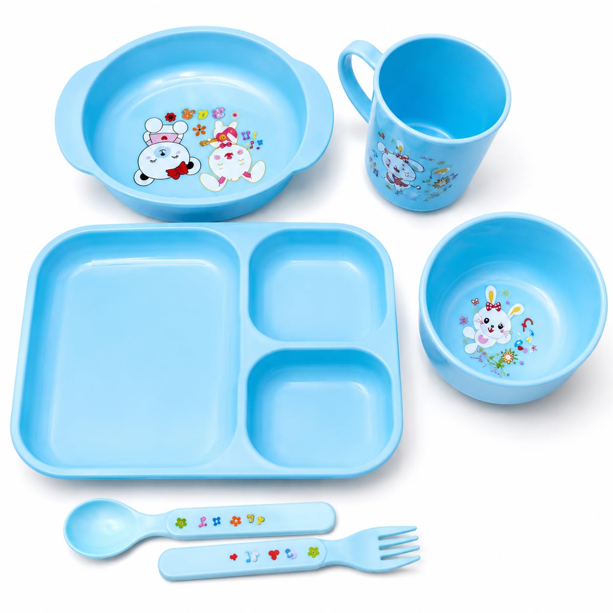 5-Piece Kids Dinnerware Set for Toddlers – BPA-Free Plastic Plate, Bowl, Divided Tray, Cup, Fork & Spoon, Microwave & Dishwasher Safe, Lightweight Feeding Set for Boys & Girls (Blue Bunny Bear Design)-image-11
