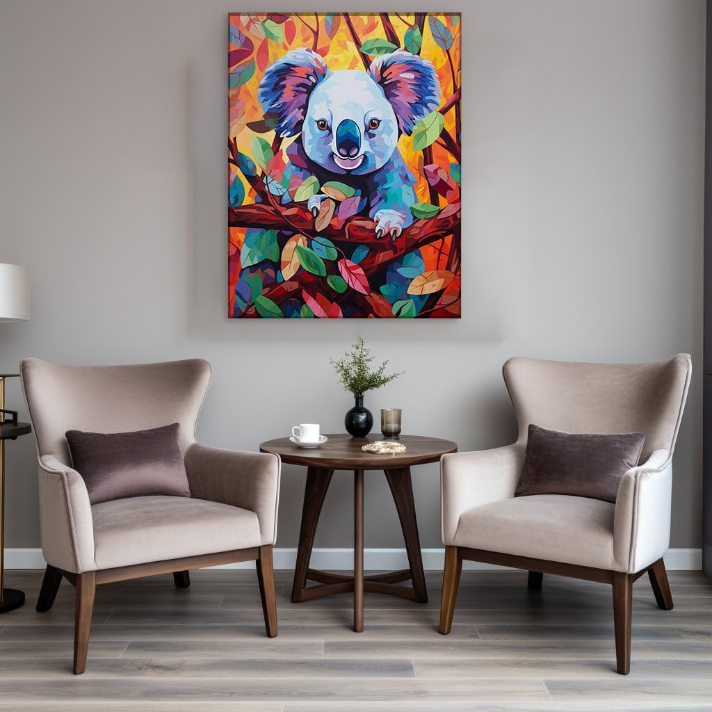 Canvas for Living room. Kaleidoscopic Comfort: A Visual Festival with a Colorful Koala Against the Warmth of Orange, 27 x 18 inch Canvas Wall Art - Contemporary Masterpieces - Modern Home Decor