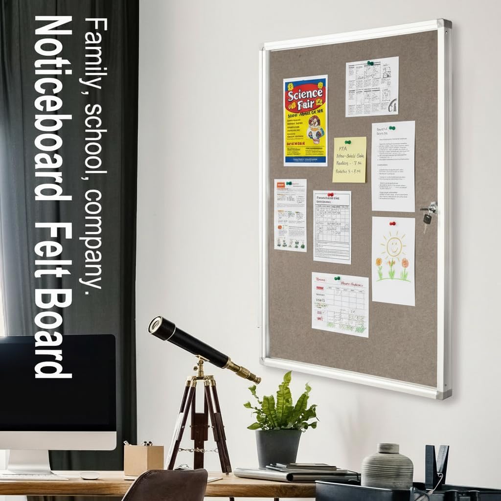 BIBOC Enclosed Felt Bulletin Board 36x24 inch Lockable Cork Noticeboard Display Cases Tamperproof Notice Poster Memo Board with Class Aluminum Frame (Felt, 24×36 inches)