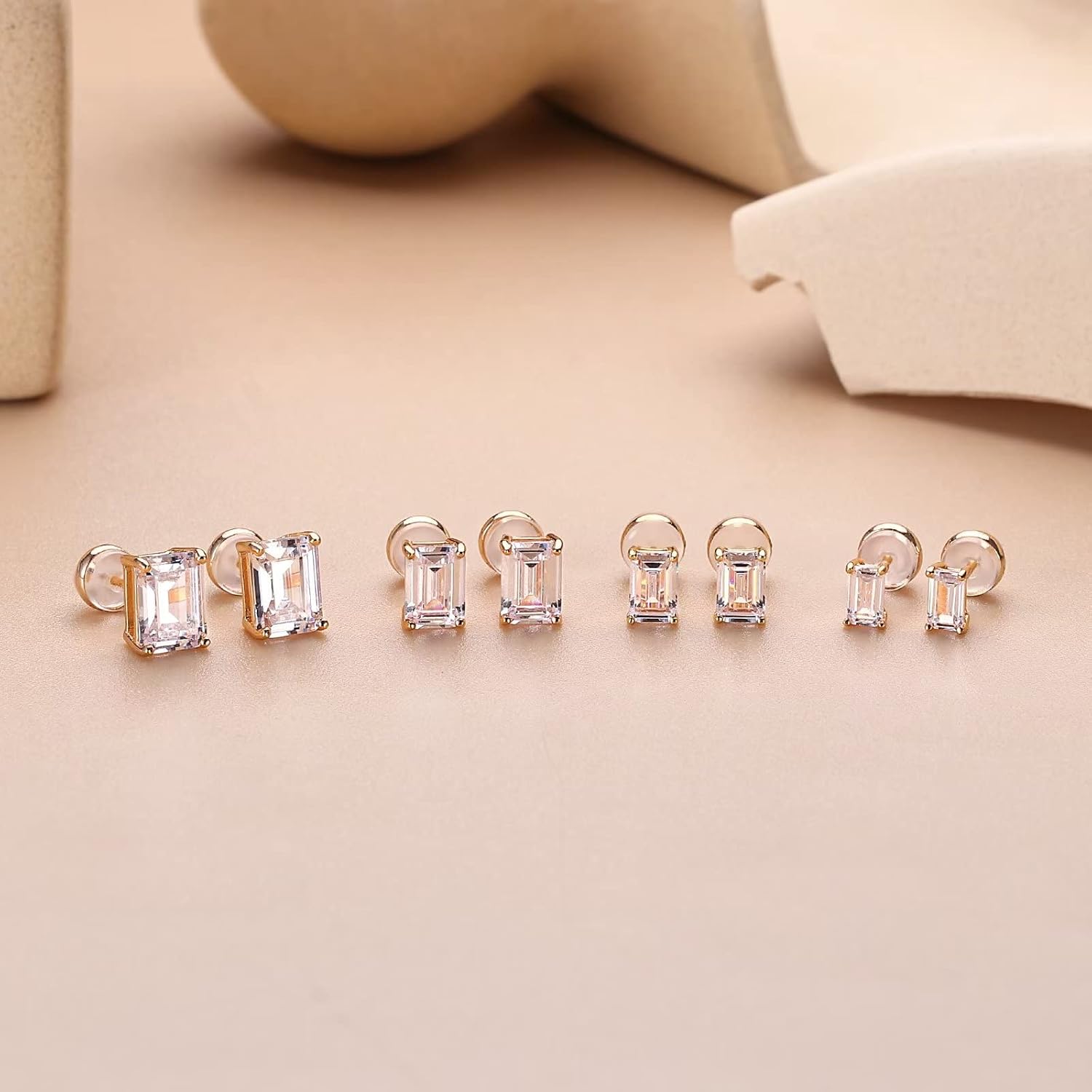 S925 Sterling Silver Stud Earrings Set for Women, Emerald Cut Simulated Diamond Stud Earrings Hypoallergenic CZ Stud Earrings for Women Vermeil White Gold/Gold/Black/Rose Gold 1/3/4 Pairs Earrings Set