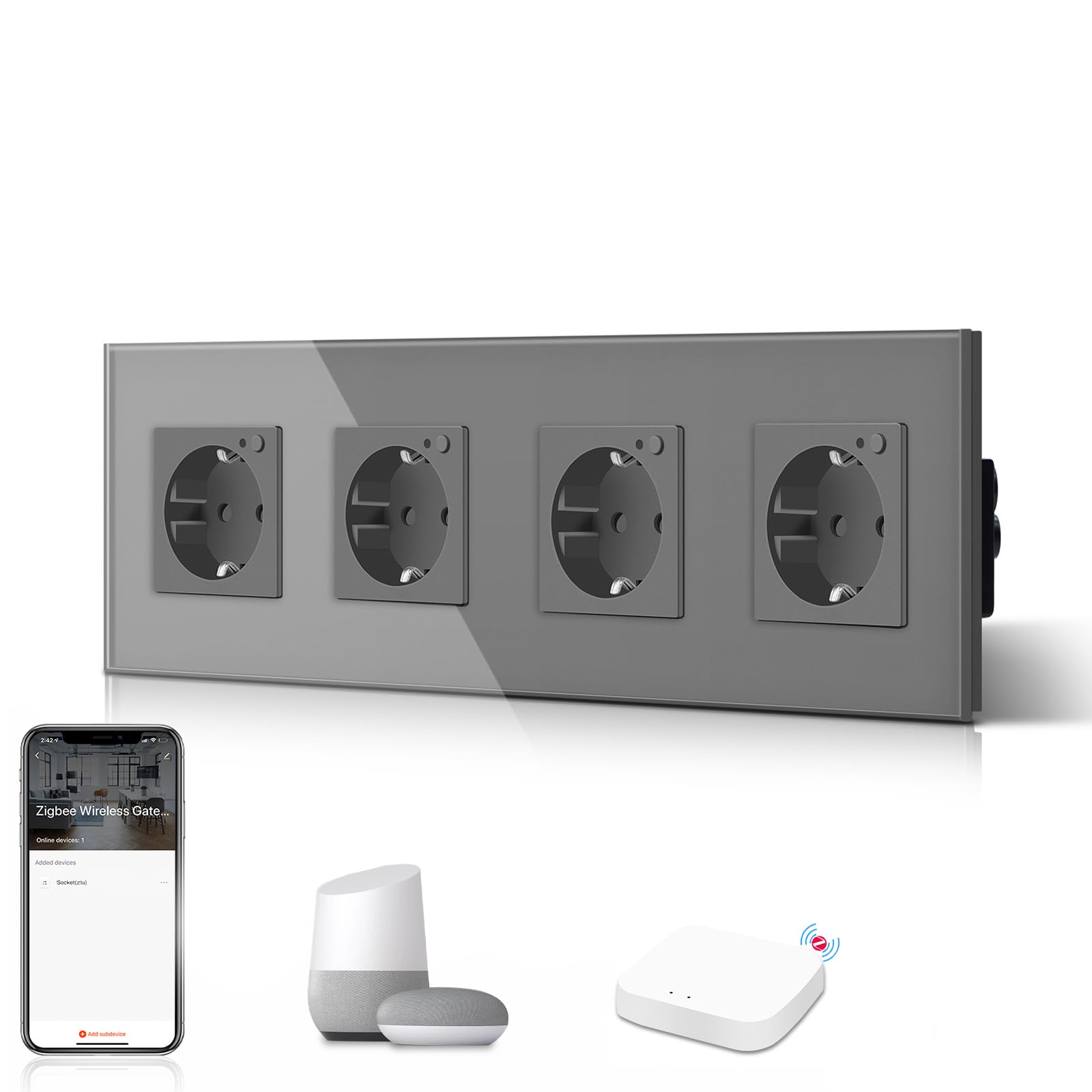 BSEED Schuko WiFi Smart Alexa ZigBee 4-krotne gniazdko 16 A, szklane gniazdko, 1 opakowanie, 1 drożny szary, 299 mm, podtynkowa instalacja podtynkowa, sterowanie aplikacją, praca z Alexa/Google Home, DIY Free Spin tylko 2,4 GHz
