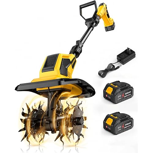 21V Cordless Tiller Cultivator, Battery Powered Tiller for Gardening with 2 x 3.0Ah Batteries & Charger, 9" Width, 6.7" Depth, Lightweight Rototiller for Raised Beds and Soil Preparation