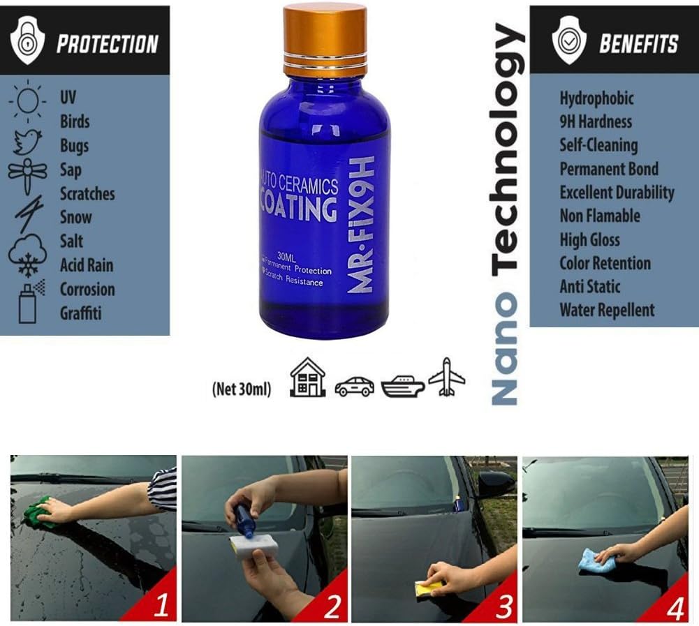 Automotive Ceramic Coating, Greyghost Mr Fix 9H Anti Scratch Hydrophobic Polish Nano Coating Kit, High Gloss Car Paint Sealant Protection
