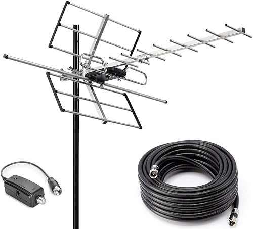 PBD Antena digital Yagi HDTV amplificada para exteriores, amplificador integrado de alta ganancia y bajo ruido, cable coaxial RG6 de 40 pies, rango
