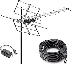 PBD Antena digital Yagi HDTV amplificada para exteriores, amplificador integrado de alta ganancia y bajo ruido, cable coaxial RG6 de 40 pies, rango de 120 millas con señal UHF y VHF