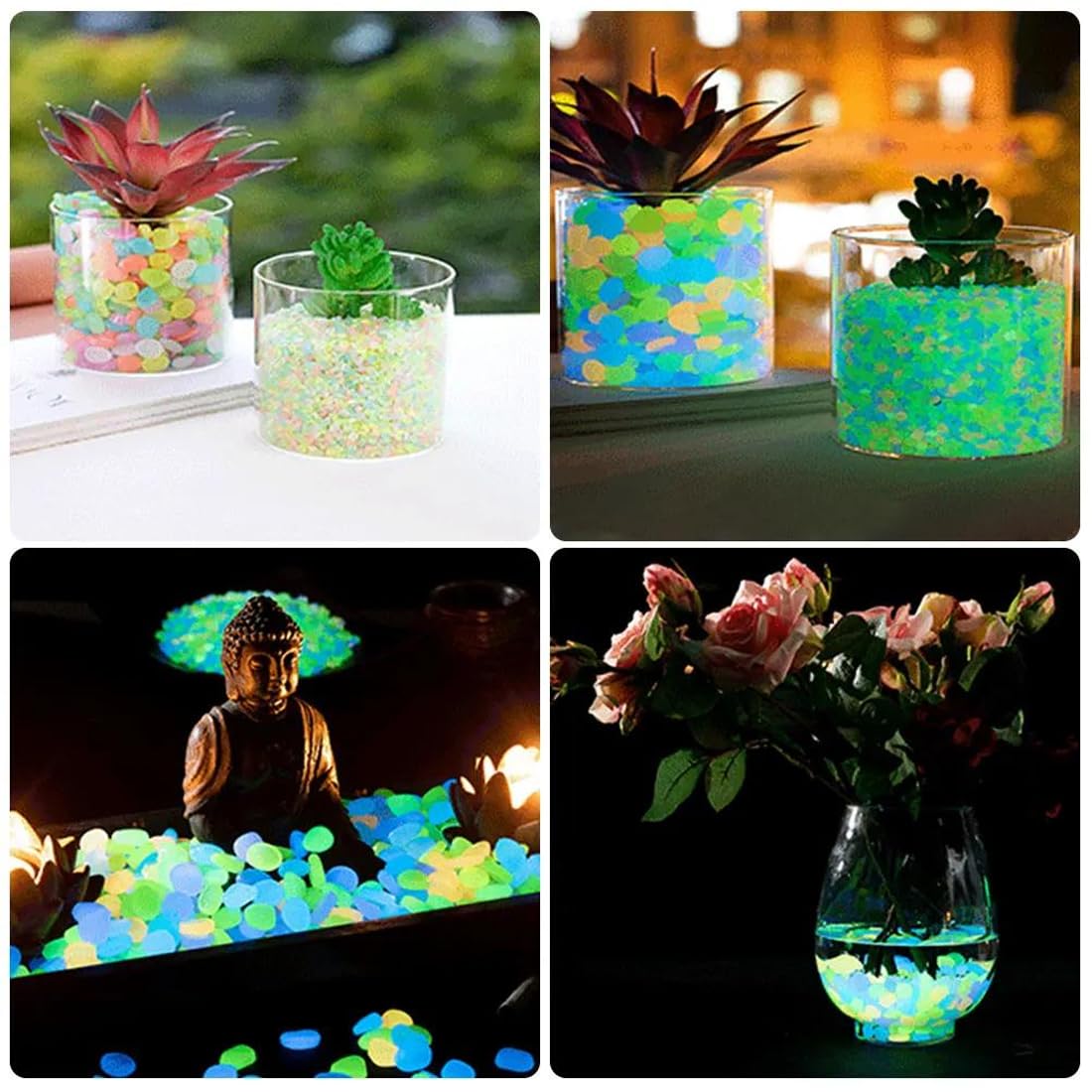 300 Pezzi Luminose che Brillano al Buio, Fluorescenti in Resina, da Giardino, Decorativi per Vasi, Sassolini Decorativi, per Acquario, Ciottoli Luminosi per Prati e Terrazza (Blu, Verde)